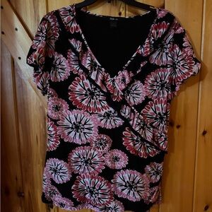 Style & Co Floral Wrap Top Black Pink Size Large Short Sleeve